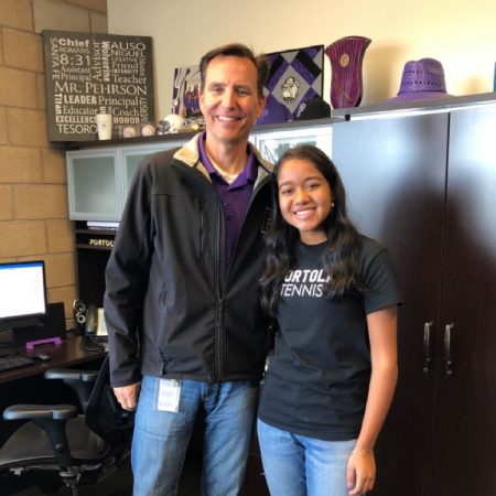 Portola High School – Principal John Pehrson and sophomore Saachi Pavani